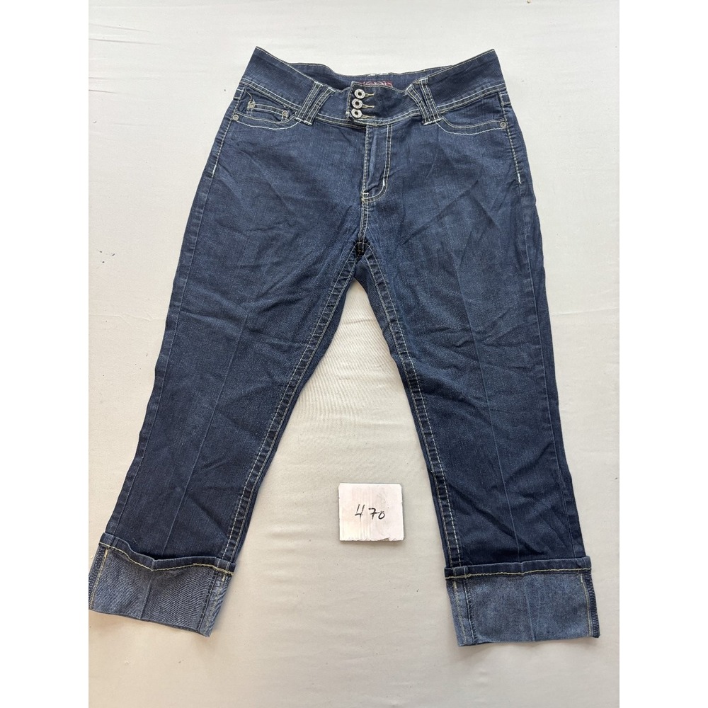 Angels Womens Size 12 Dark Wash Denim Cuffed Capris Jeans Button Fly Stretch